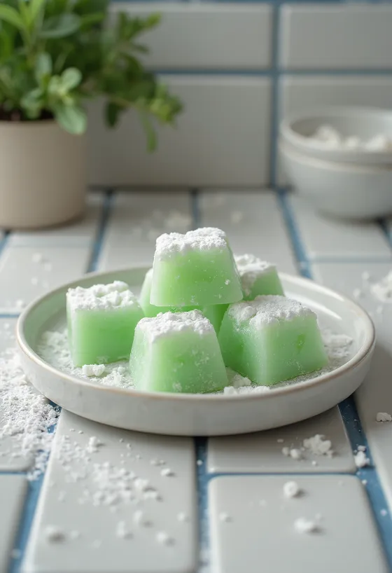 Lokum mentával, friss menta levelekkel, porcukorral meghempergetve