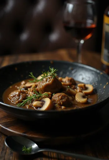 Nihari gombával tálalva, gazdag húsos és fűszeres ragu