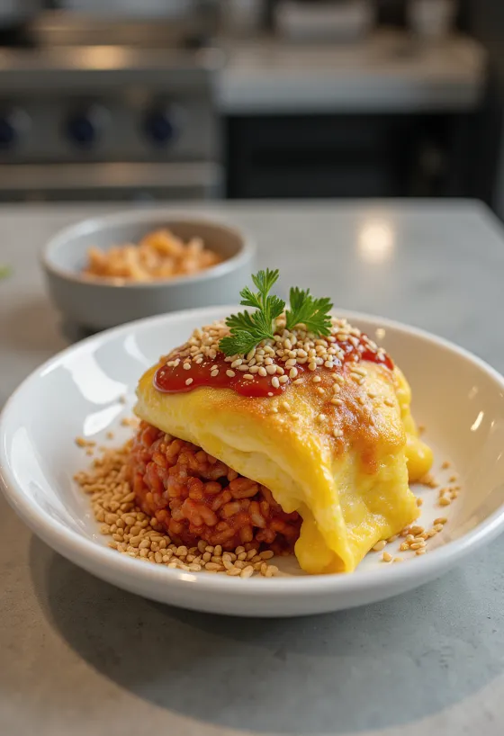 Omurice tál szezámmaggal, puha omlettel és fűszeres rizzsel.