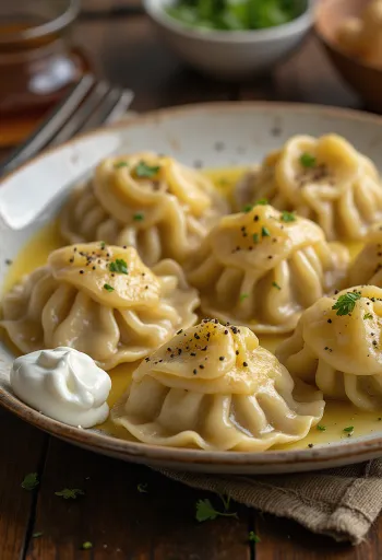 Orosz marhahúsos pelmeni tejföllel tálalva