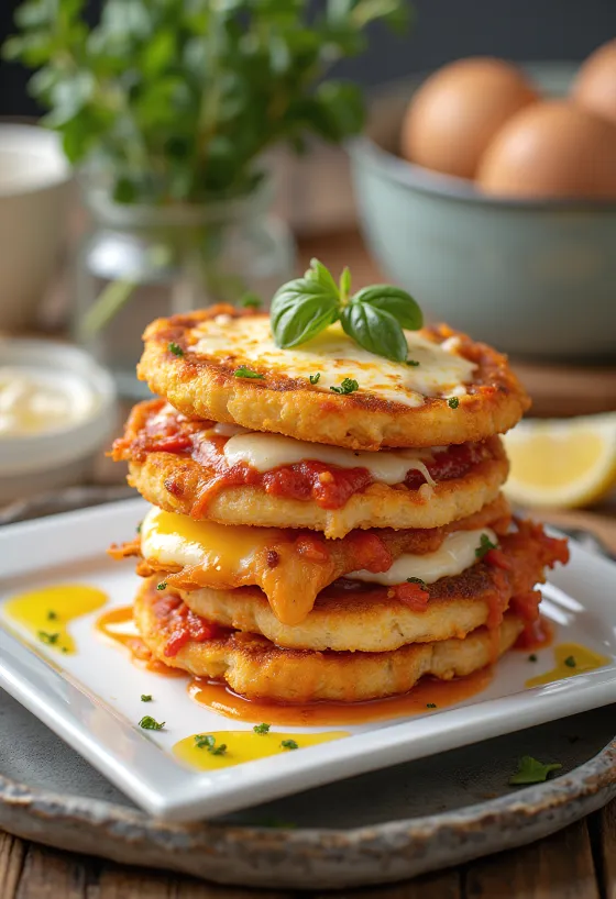Parmigiana friss bazsalikommal, tálalva sült padlizsánnal, parmezánnal és mozzarella sajttal