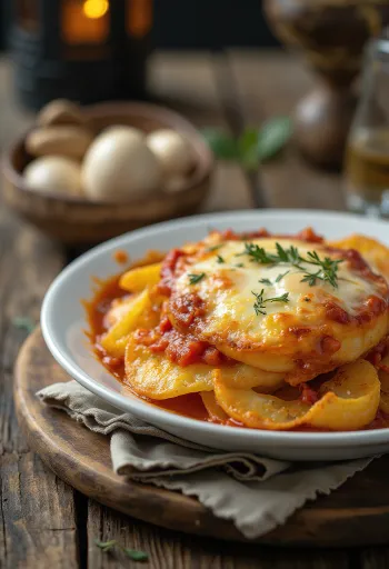 Parmigiana sült burgonyával, rétegezve padlizsánnal és sajttal, paradicsomszószban sütve