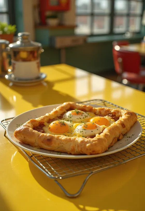 Quail egg and sausage tart served in slices on a white plate.
