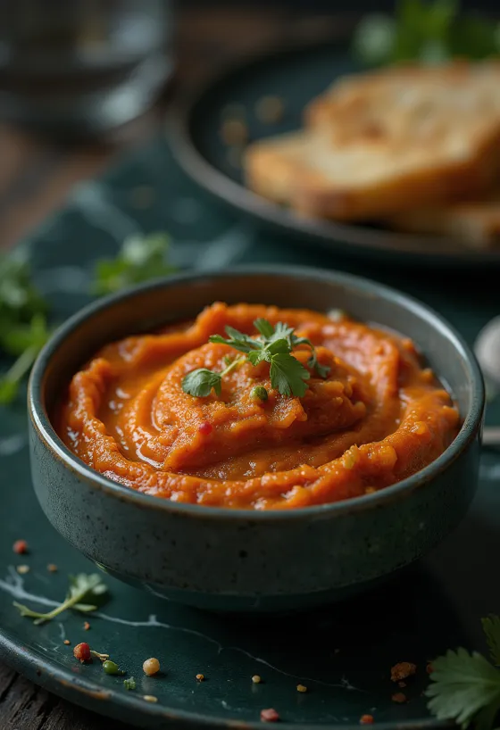 Romesco mártás tálalva grillezett ételekkel
