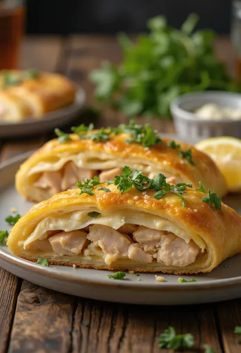 Stromboli tonhallal tálalva, gazdag tonhallal és olvadt mozzarellával a tetején, kívül ropogós és belül puha.