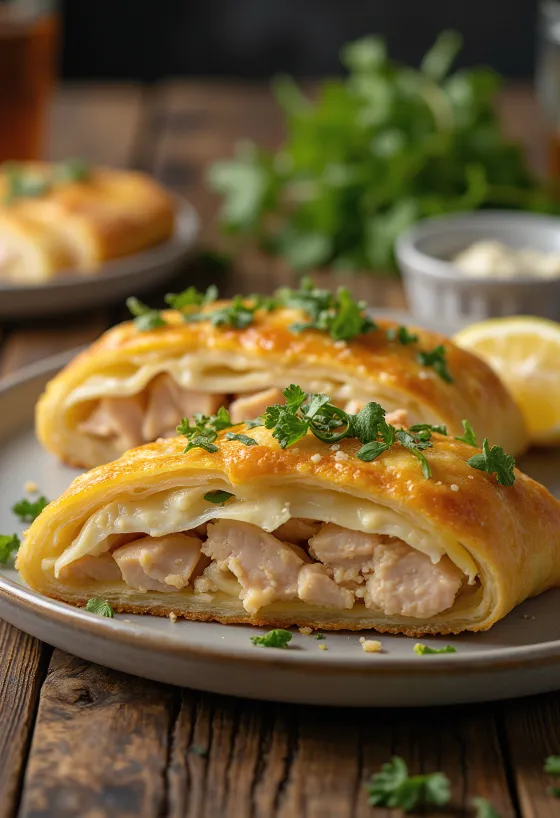 Stromboli tonhallal tálalva, gazdag tonhallal és olvadt mozzarellával a tetején, kívül ropogós és belül puha.
