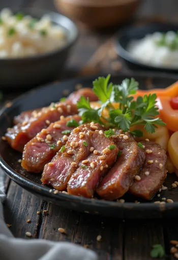 Szezámmagos galbi sült marhahússzeletek, zöldhagymával és szezámmaggal tálalva
