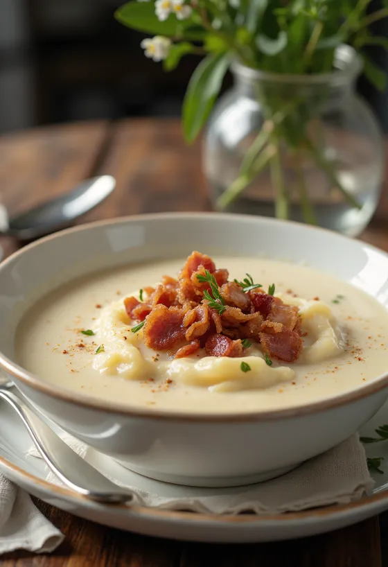 Tejszínes baconös burgonyakrémleves tálalva