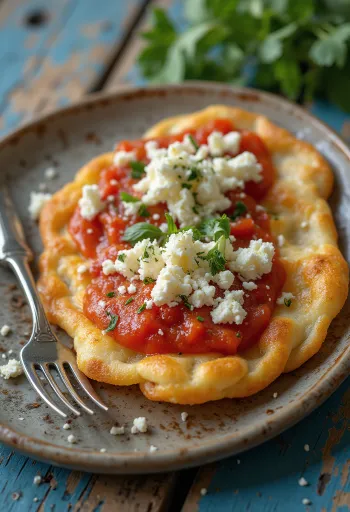 Tiganopsomo feta és paradicsomszósszal, frissen tálalva