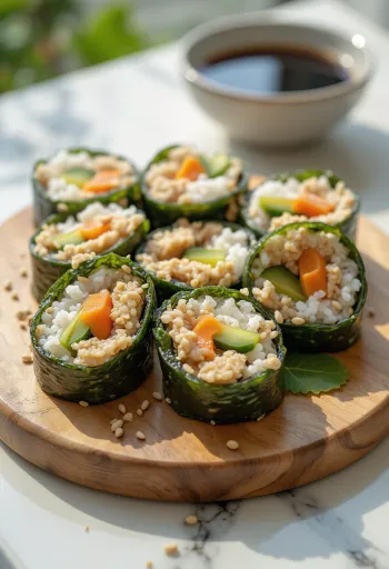 Tofu gimbap, friss zöldségekkel és tofuval, szeletelve