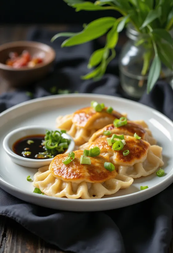 Tofu Gyoza tálalva tofu töltelékkel és szójaszószos mártogatóval