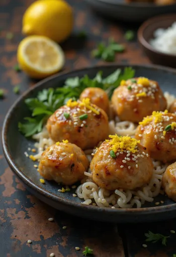 Tsukune citromhéjjal, grillen sült csirke falatkák, citromhéjjal és szójaszósz öntettel tálalva.