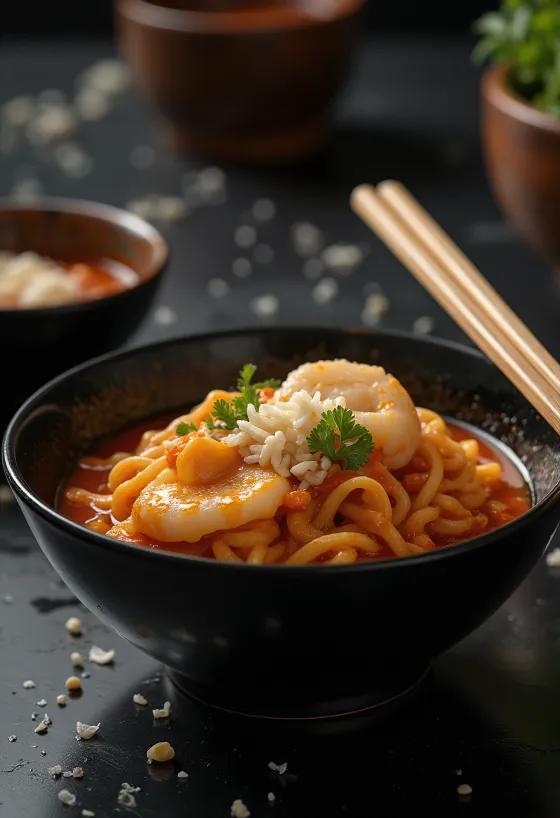 Tteokbokki ramentésztával, szezámmaggal és zöldhagymával tálalva