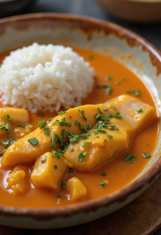 Vatapá de peixe com azeite de dendê, halas étel díszítve friss korianderrel