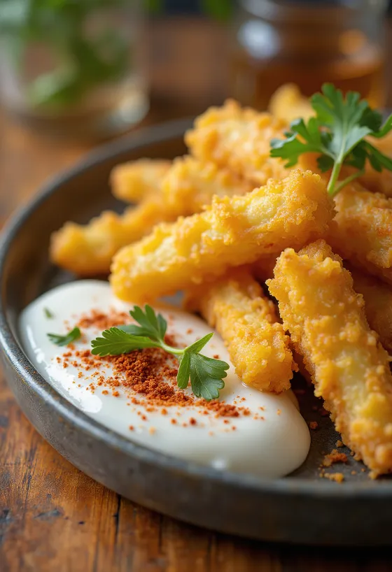 Yuca frita, ropogósra sütött hasábok, kókusztejes szósszal és korianderrel tálalva