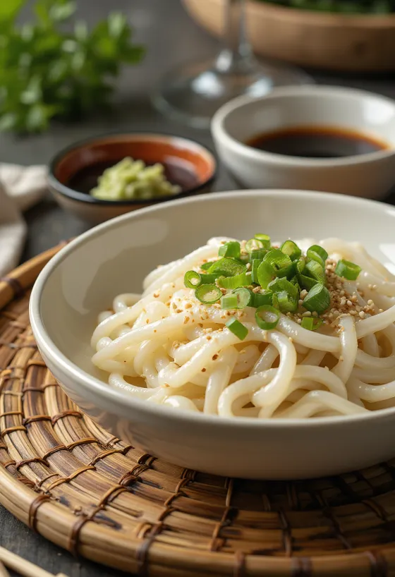 Zaru udon tálban tálalt hideg udon szószban, wasabival és zöldhagymával