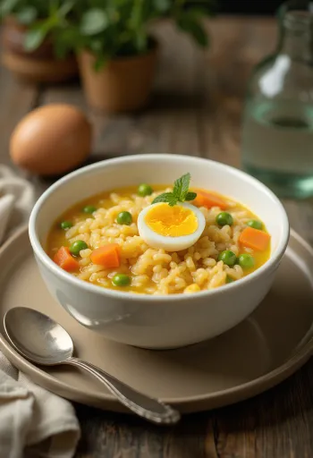 Friss Arroz Caldo zöldségekkel, tojással és korianderrel tálalva