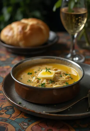 Bagna cauda vajjal, fokhagymás, tejszínes mártás friss kenyérrel tálalva