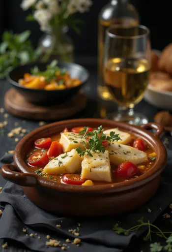 Caldeirada de bacalhau sózott tőkehallal, fűszeres zöldségekkel és petrezselyemmel tálalva