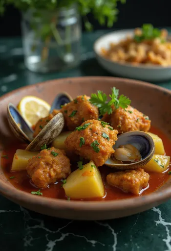 Carne de porco à Alentejana portugál étel tálalva