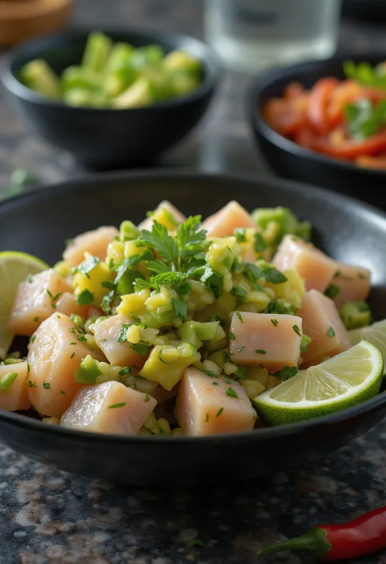 Ceviche con Aguacate tálalva lime-lével és avokádóval