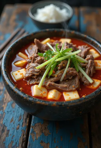 Chilis yukgaejang koreai marhahúsleves vöröses színű, tofuval és zöldségekkel