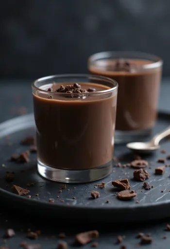 Csokoládés panna cotta bogyós gyümölcsökkel és csokoládéforgáccsal díszítve