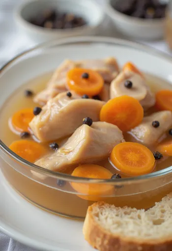 Escabeche tálalva friss zöldségekkel és kenyérrel