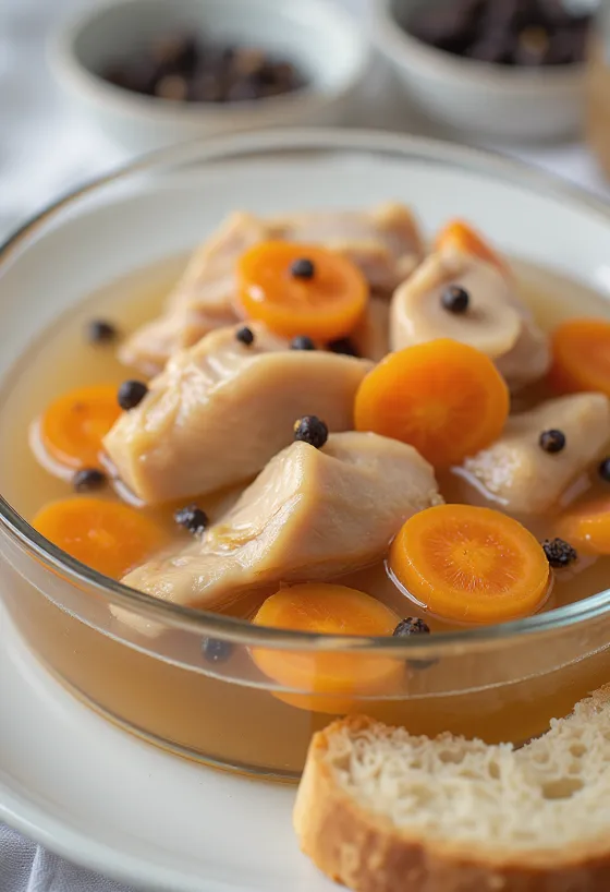Escabeche tálalva friss zöldségekkel és kenyérrel