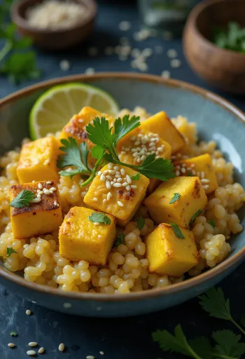 Fokhagymás quinoa curry tofuval