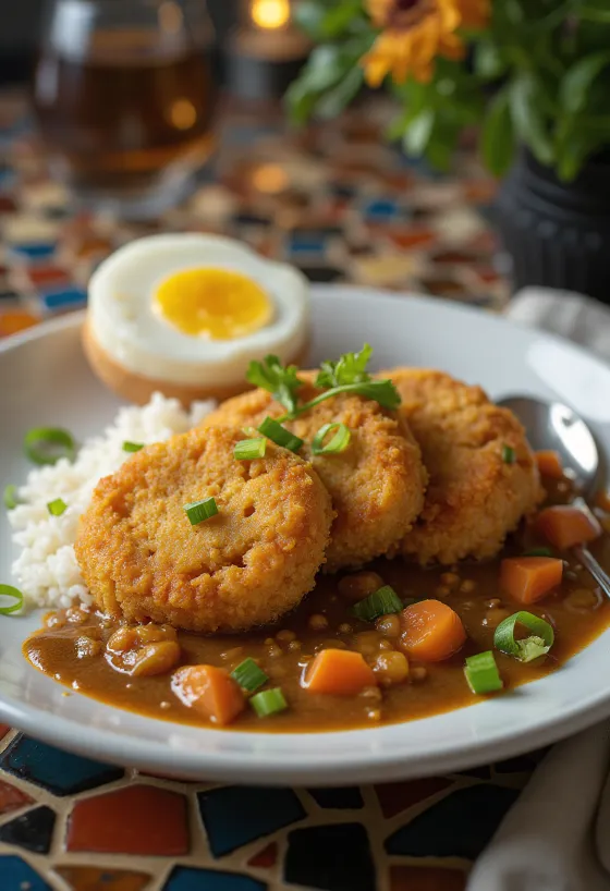 Haggis katsu curry stílusban, ropogós bundában sült szeletek curry szósszal tálalva