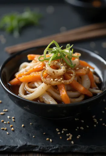 Kinpira daikon retekkel, fűszeres japán étel szezámmaggal és zöldhagymával tálalva