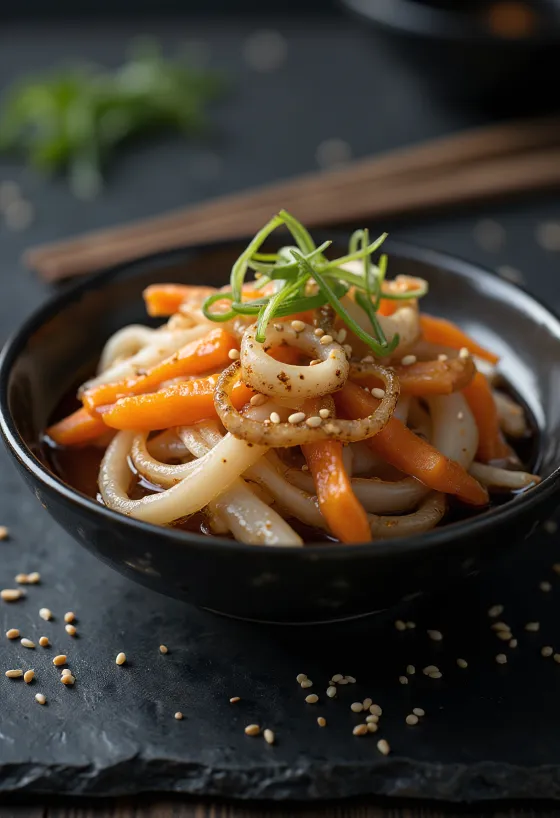 Kinpira daikon retekkel, fűszeres japán étel szezámmaggal és zöldhagymával tálalva