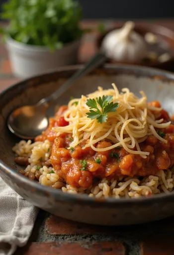 Koshari fokhagymával, egyiptomi étel rizsből, lencséből és makaróniból, gazdag fokhagymás szószban