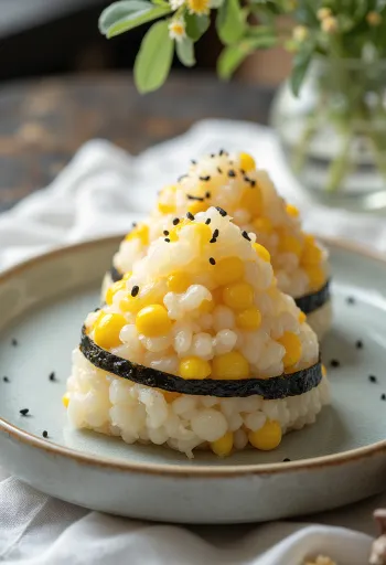 Kukorica töltelékű onigiri, háromszög alakú rizses falatok nori lappal