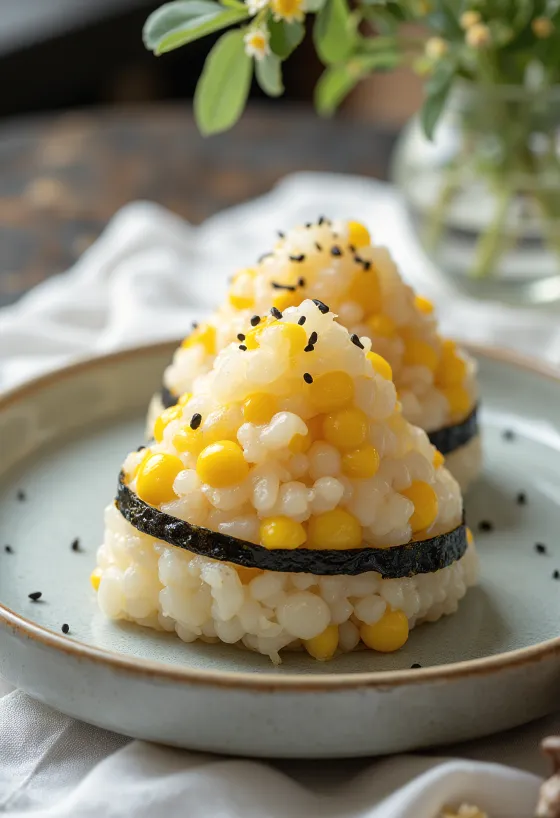 Kukorica töltelékű onigiri, háromszög alakú rizses falatok nori lappal