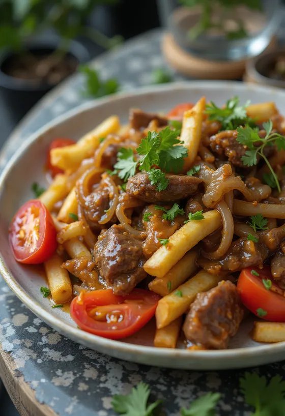 Lomo saltado korianderrel tálalva, friss zöldségekkel és marhahússal