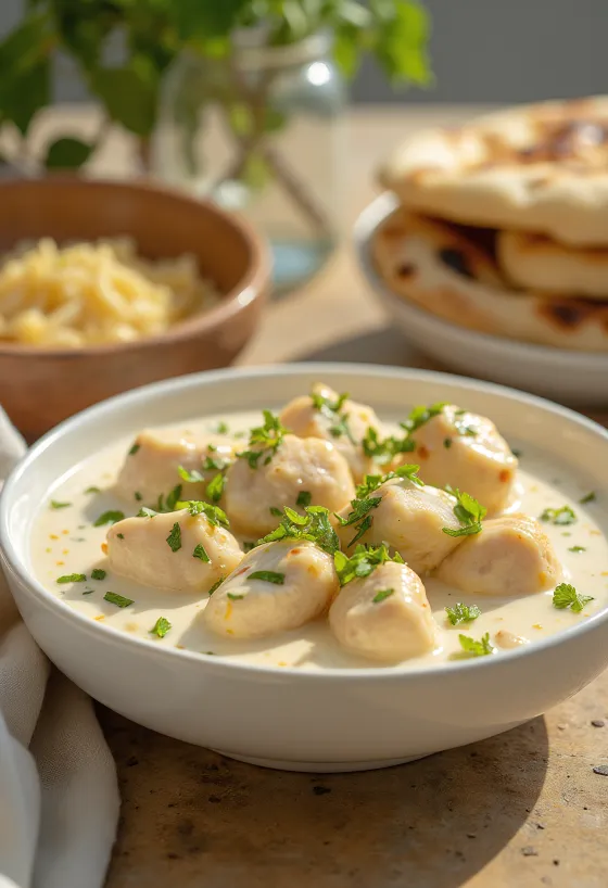 Malai Chicken, gazdag joghurtos és tejszínes mártásban, friss korianderrel tálalva