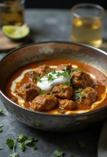 Nihari joghurttal tálalva, gazdag húsos és fűszeres ragu