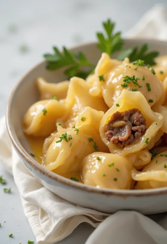 Orosz pelmeni tejföllel tálalva