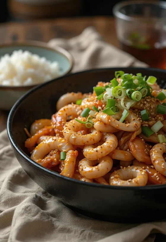 Osam-Bulgogi, egy fűszeres tintahal és sertés étel, friss zöldhagymával