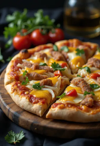 Dél-afrikai stílusú pizza biltonggal és cheddarral