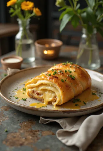 Stromboli trappista sajttal tálalva, gazdag trappista sajttal a tetején, kívül ropogós és belül puha.