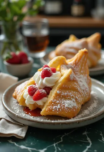 Taiyaki tejszínhabbal, friss gyümölcsökkel tálalva