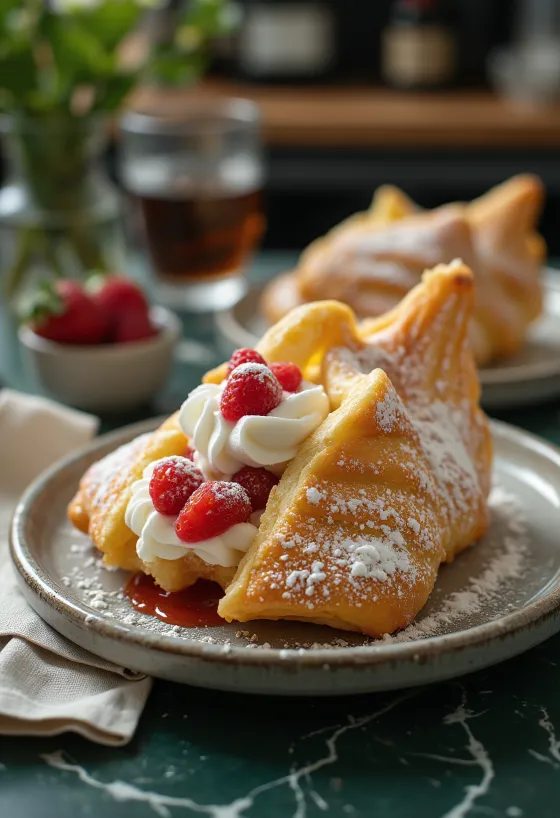 Taiyaki tejszínhabbal, friss gyümölcsökkel tálalva
