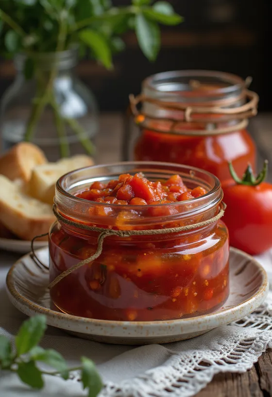 Tomato chutney üvegben, gazdag vörös színű fűszeres szósz