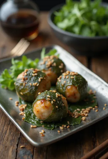 Tsukune shisoval, csirkehúsos húsgombócok shiso levelekkel, tálalva szezámmaggal