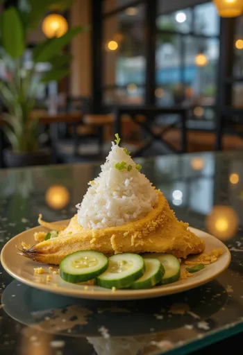 Tumpeng nasi uduk tálalva, frissen készítve, díszítve