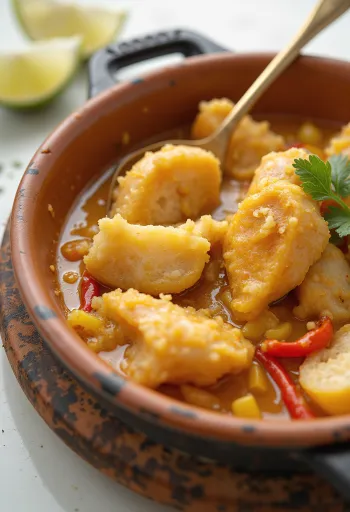 Vatapá de peixe com leite de coco tálalva, friss korianderrel