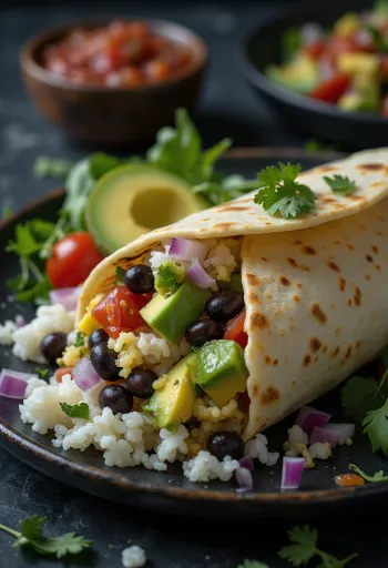 Vegán burrito rizzsel, babbal, avokádóval és kukoricával töltve